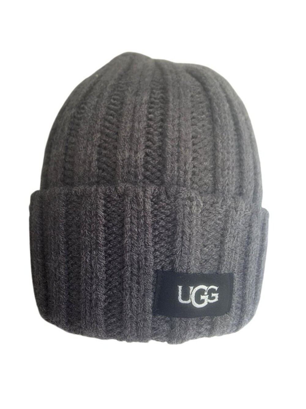 UGG Gray Ribbed Knit Beanie Hat Cuffed Logo Patch Winter Unisex OS